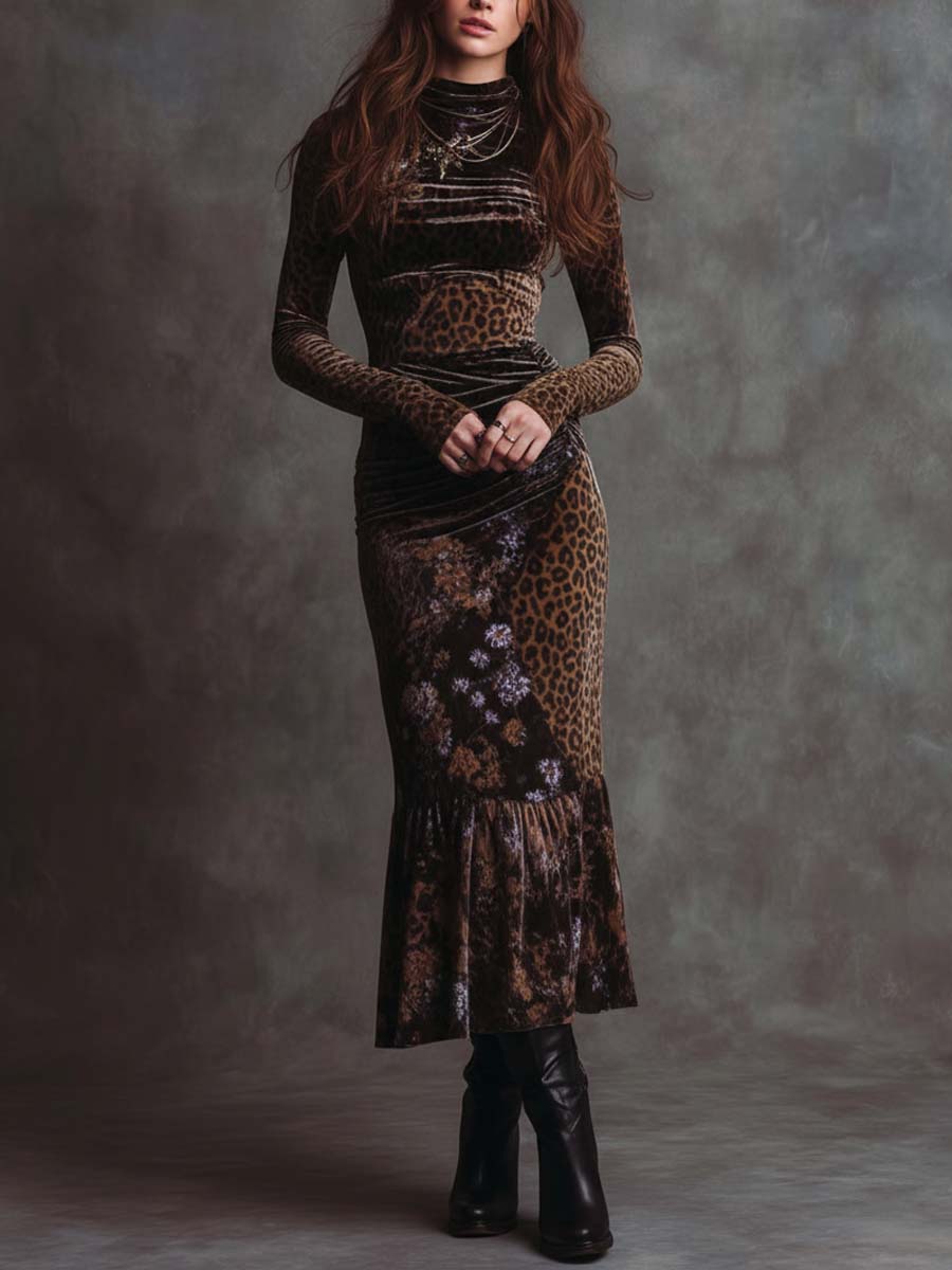Retro Gothic Leopard Print And Floral Patchwork Velvet Midi Dress