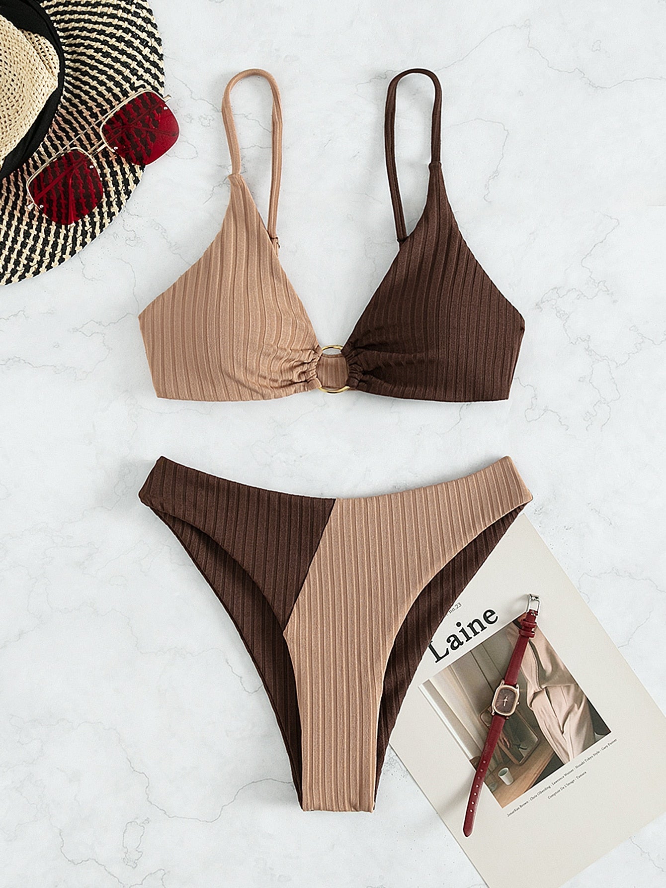 Natalie | Ribbed two tone high leg bikini
