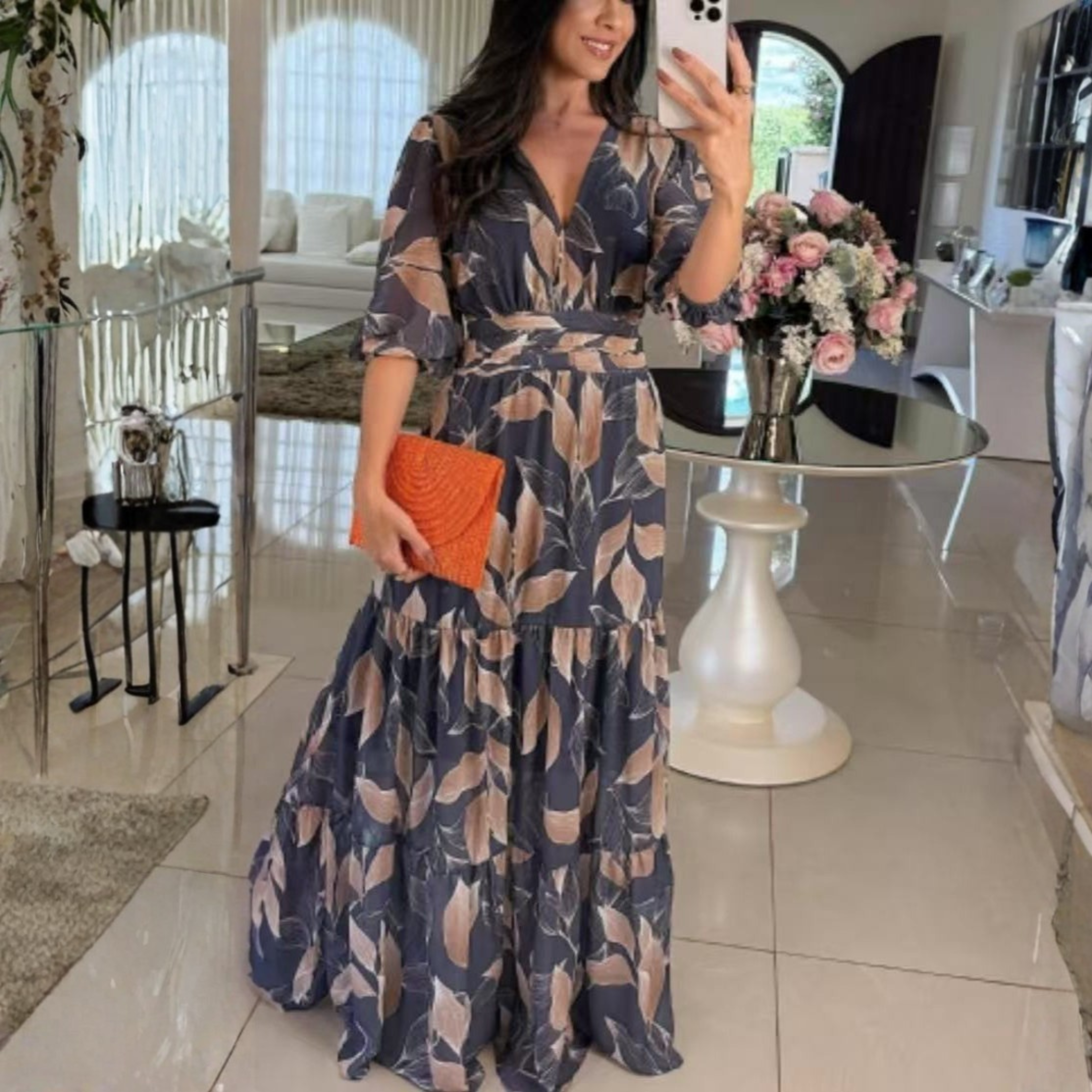 BELL™ - Elegant V-Neck Puff Sleeve Maxi Dress