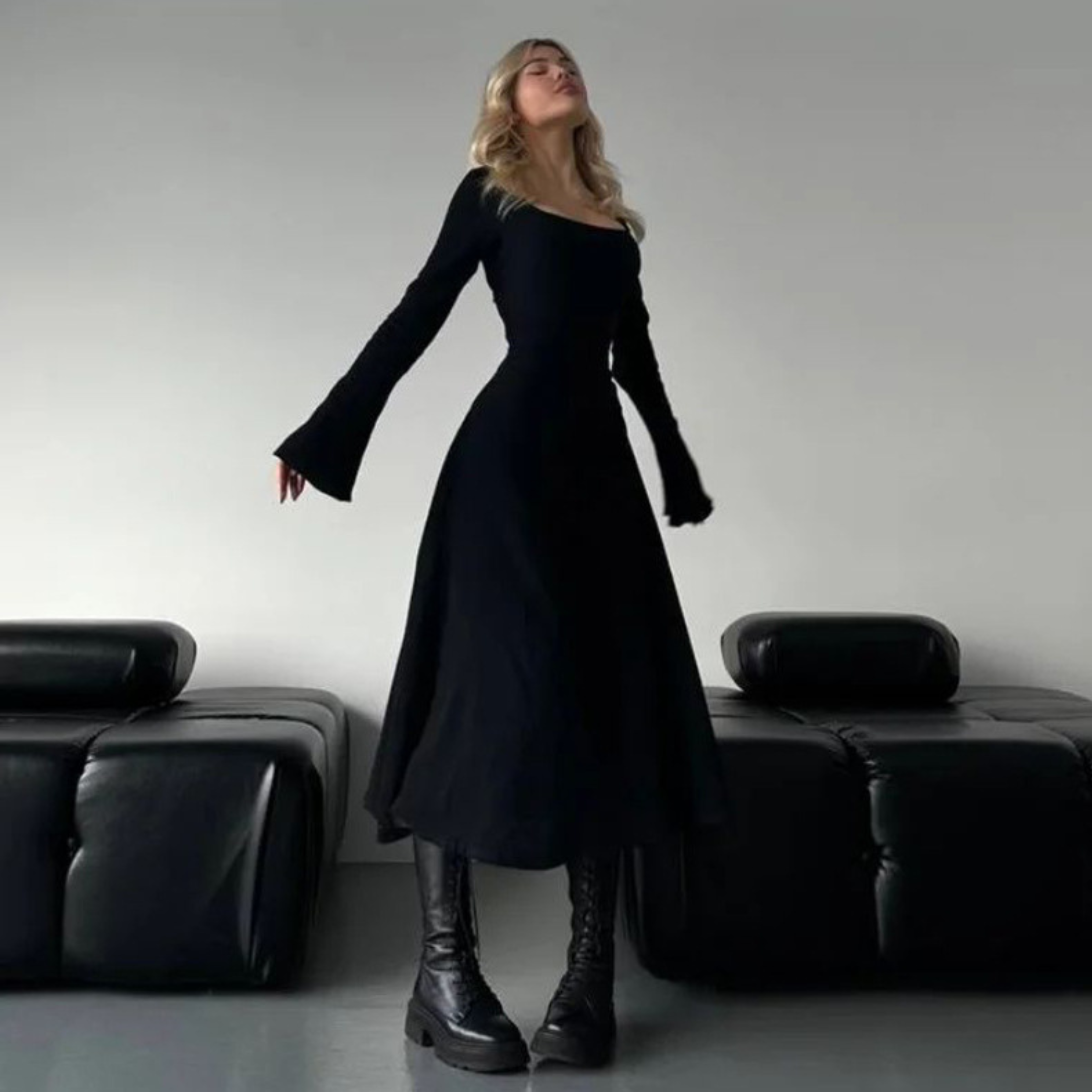 CILICIA™ - Classy Plain Flounce Long Sleeve Square Neck A-Line Maxi Dress