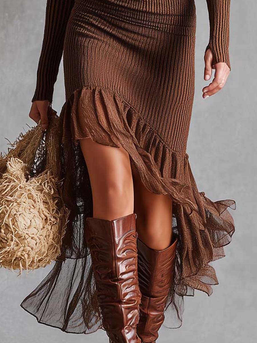 Ribbed Knit Midi Dress With Sheer Ruffled Hem