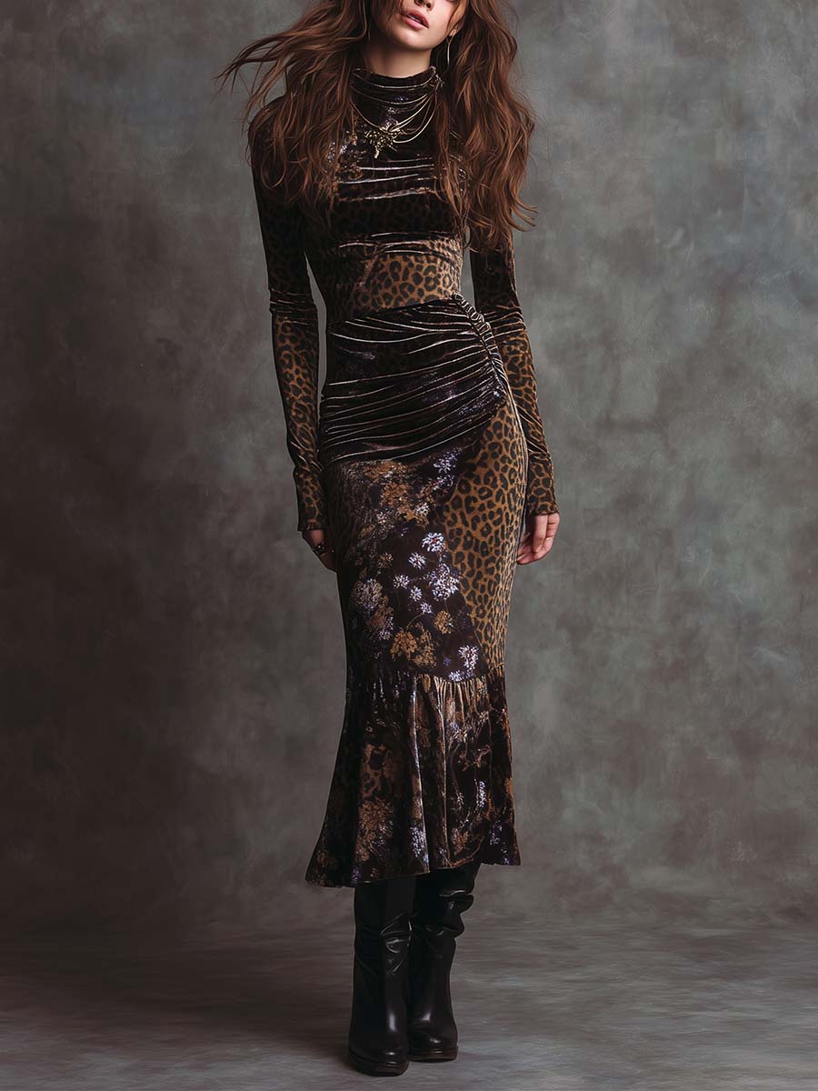Retro Gothic Leopard Print And Floral Patchwork Velvet Midi Dress