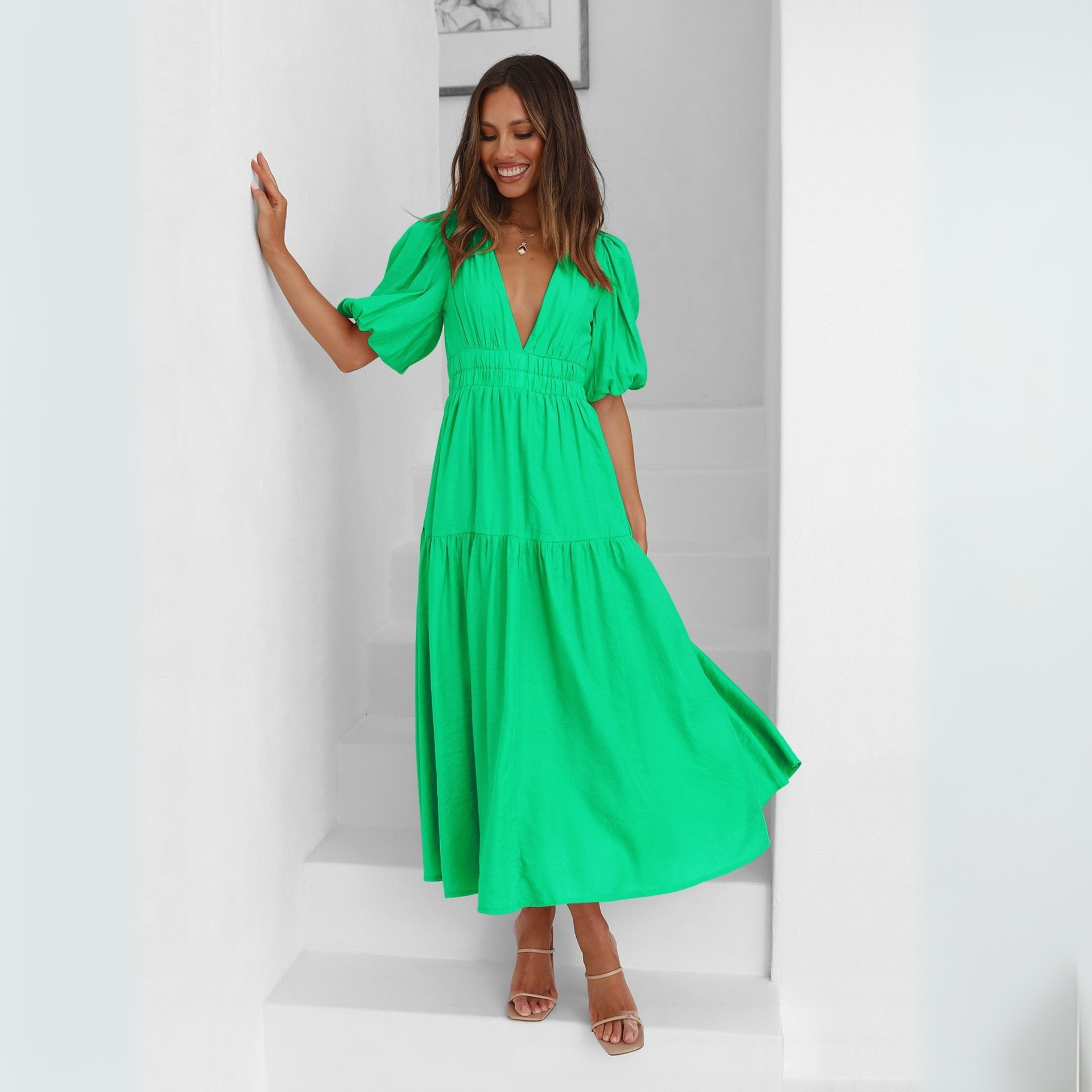 NAMU™ - Classy V-Neck Long Sleeve A-Line Maxi Dress