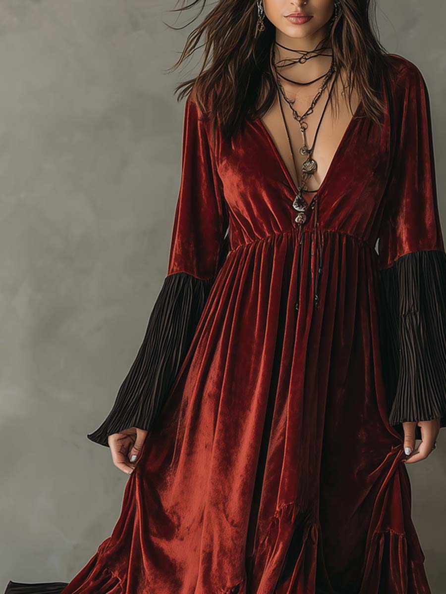 Vintage Pleated Ruffle Hem Polyester Velvet Midi Dress