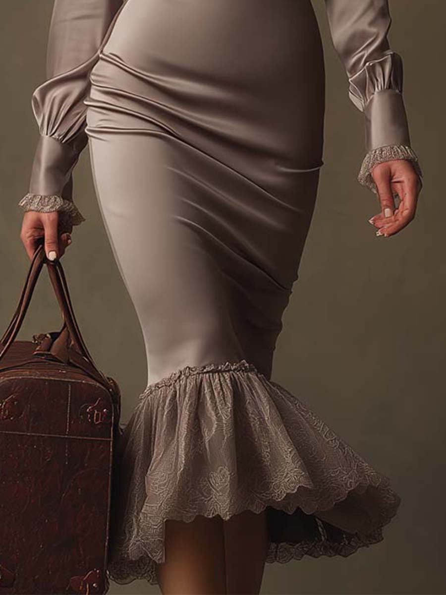 Mushroom Taupe Lace-Trim Ruched Midi Dress