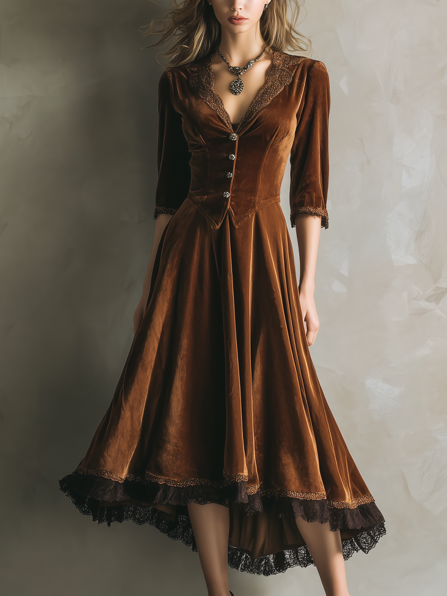 Vintage Three-Quarter Sleeves Lace High-Low Hem Velvet Two Pieces Set